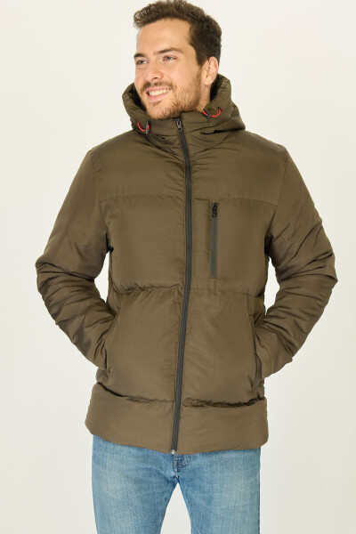 Men's Khaki Lined Hooded Puffer Winter Sports Jacket - 1