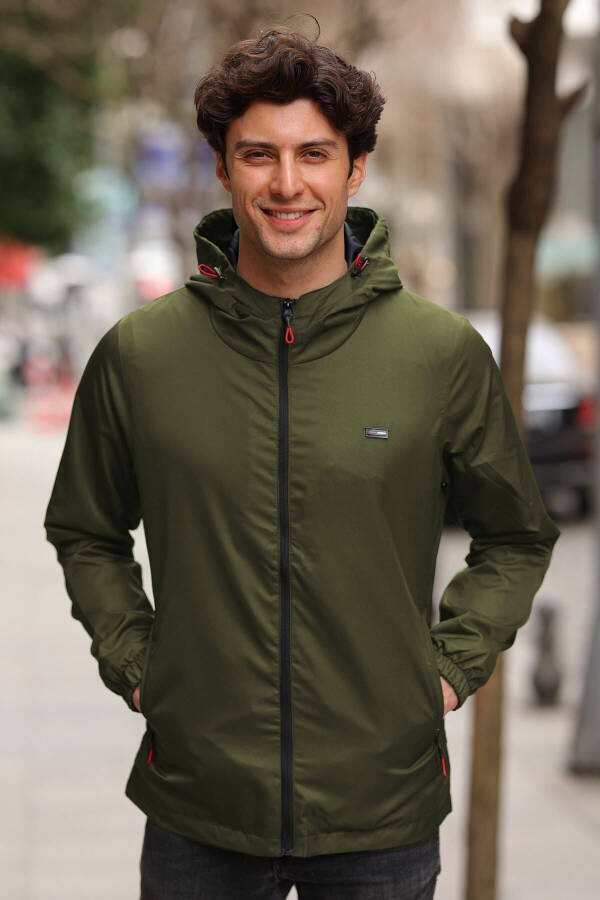 Men's Khaki Lined Waterproof Hooded Pocket Raincoat - Windbreaker Jacket - 9