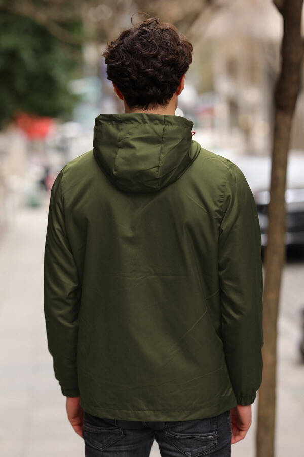 Men's Khaki Lined Waterproof Hooded Pocket Raincoat - Windbreaker Jacket - 7