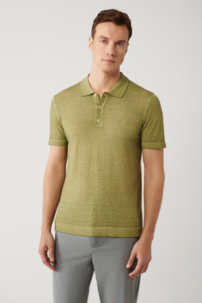 Men's Khaki Polo Neck 3 Button Garment Dyed Regular Fit Knit T-shirt A41y5067 - 8