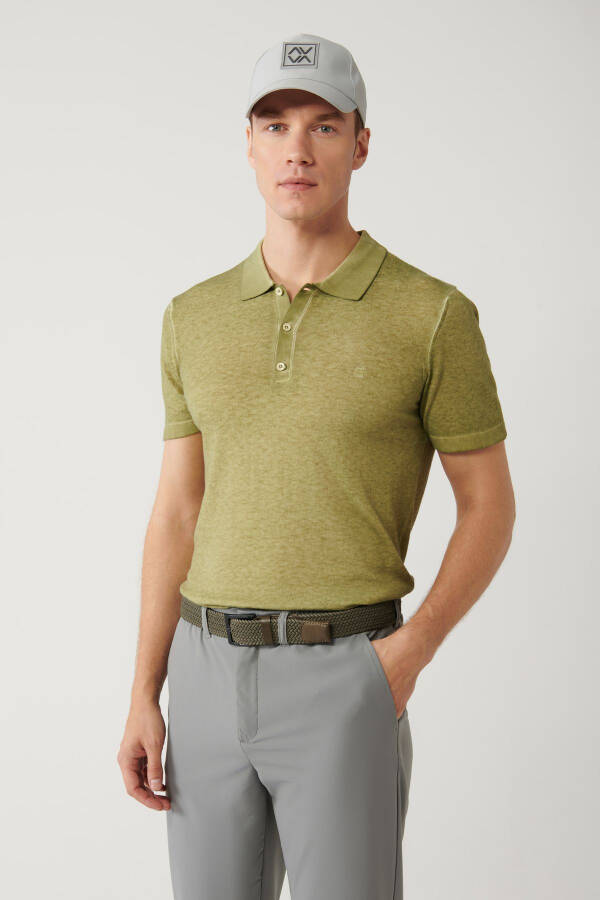 Men's Khaki Polo Neck 3 Button Garment Dyed Regular Fit Knit T-shirt A41y5067 - 1