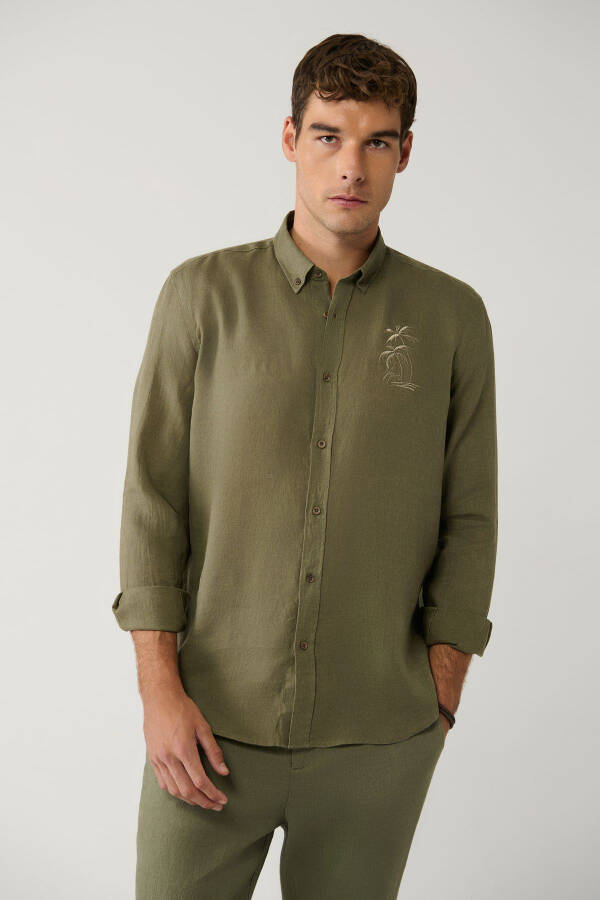 Men's Khaki Shirt Buttoned Collar 100% Linen Embroidered Detail Comfort Fit A41y2232 - 6