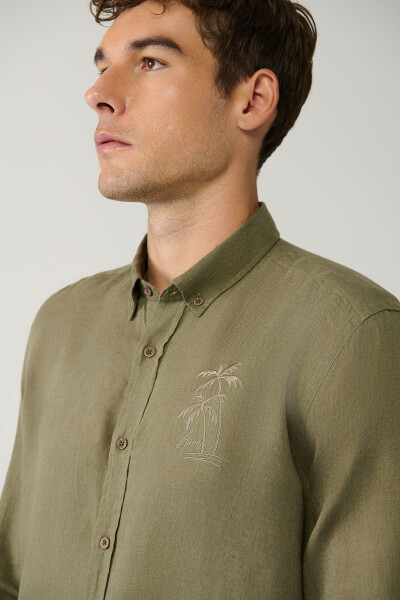 Men's Khaki Shirt Buttoned Collar 100% Linen Embroidered Detail Comfort Fit A41y2232 - 7