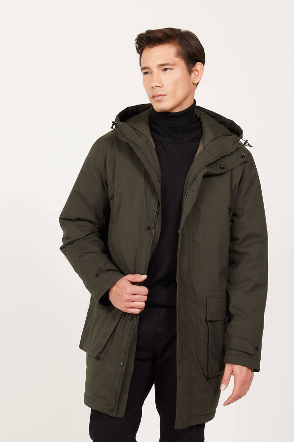 Men's Khaki Standard Fit Regular Cut Hooded Coat - 10