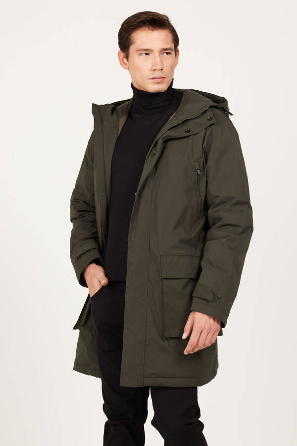 Men's Khaki Standard Fit Regular Cut Hooded Coat - 15