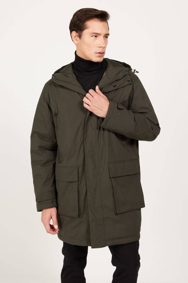 Men's Khaki Standard Fit Regular Cut Hooded Coat - 16