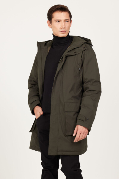 Men's Khaki Standard Fit Regular Cut Hooded Coat - 7