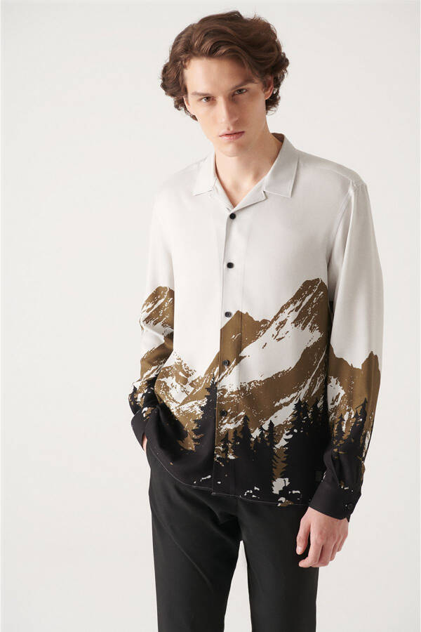 Men's Khaki Tree Print Leisure Fit Shirt A22y2066 - 3