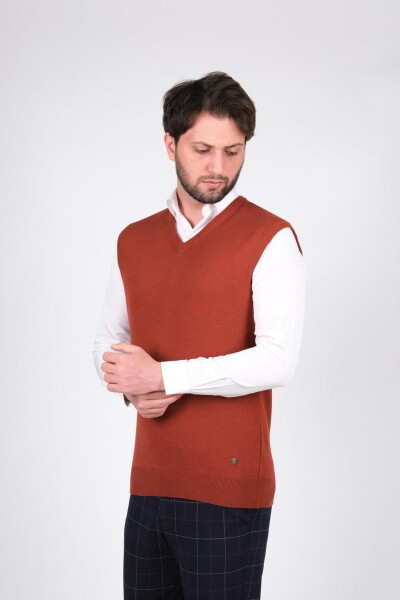 Men's Knit Sweater V-Neck Brick Color Elastic Waist Winter Knit Regular Fit - 2