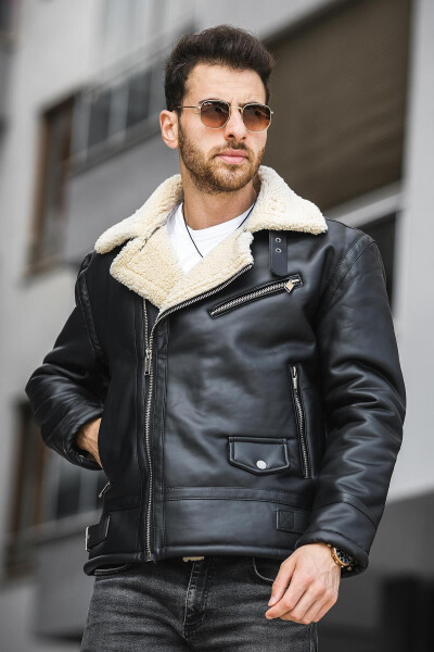 Men's leather jacket, full fur, side zipper. - 3