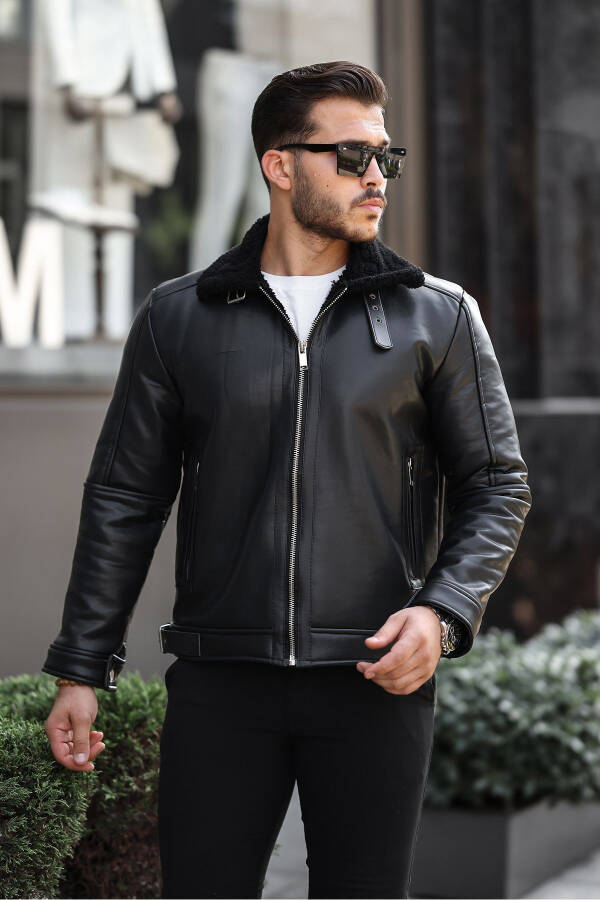 Men's leather jacket, high quality slim fit, black. - 1