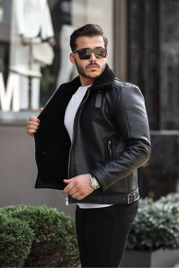 Men's leather jacket, high quality slim fit, black. - 2