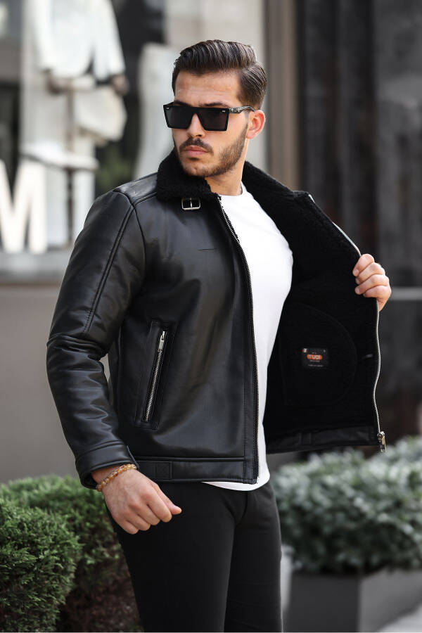 Men's leather jacket, high quality slim fit, black. - 3