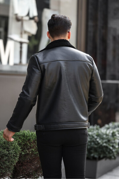 Men's leather jacket, high quality slim fit, black. - 4