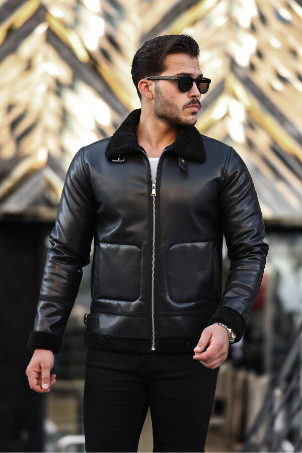 Men's leather jacket, winter leather jacket, windproof. - 4