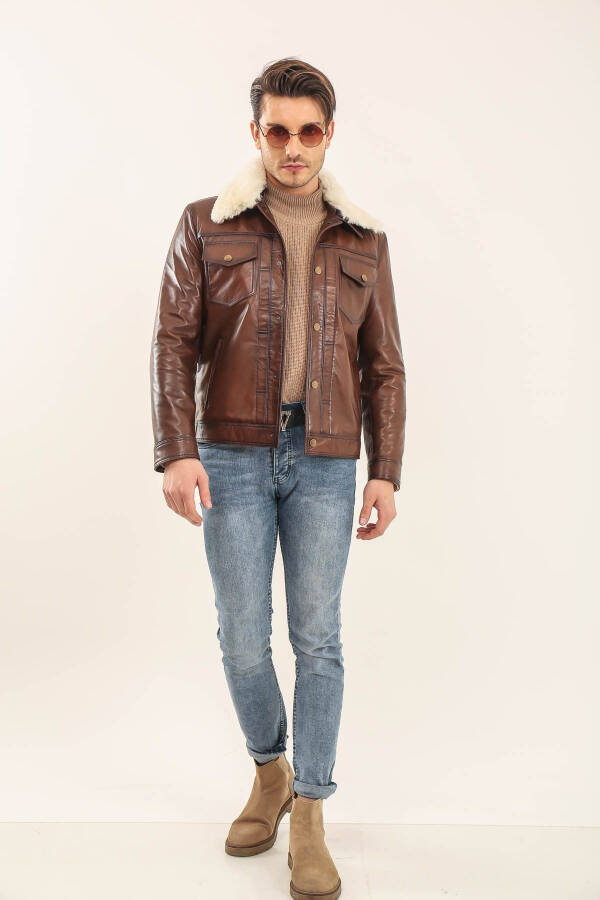 Men's Leather Jacket with Fur Collar - 1