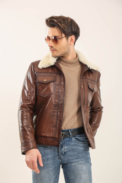 Men's Leather Jacket with Fur Collar - 4