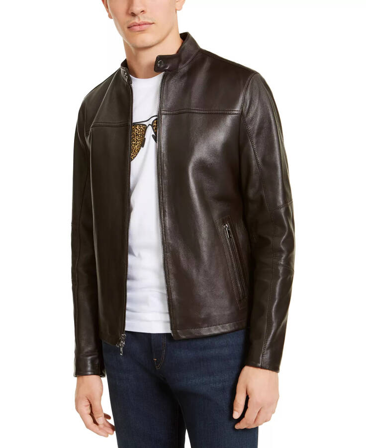 Men's Leather Racer Jacket, Created for Macy's Chocolate - 1