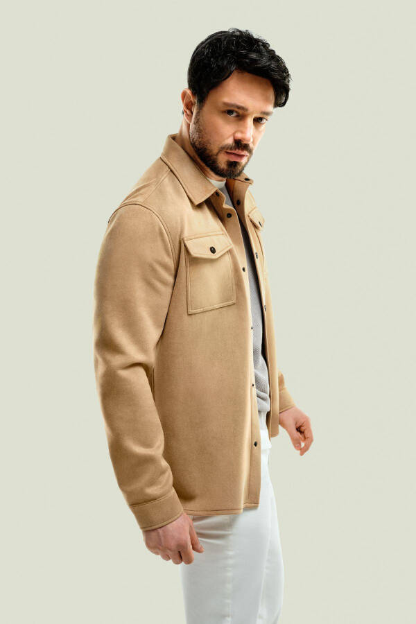 Men's Light Beige Shirt Jacket Classic Collar Suede Look Button Front Pocket Comfort Fit A41y6010 - 9