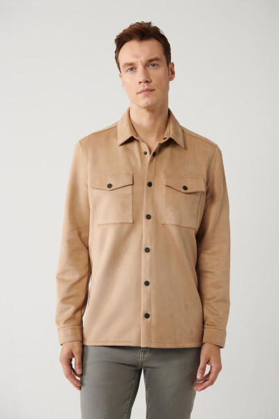 Men's Light Beige Shirt Jacket Classic Collar Suede Look Button Front Pocket Comfort Fit A41y6010 - 12