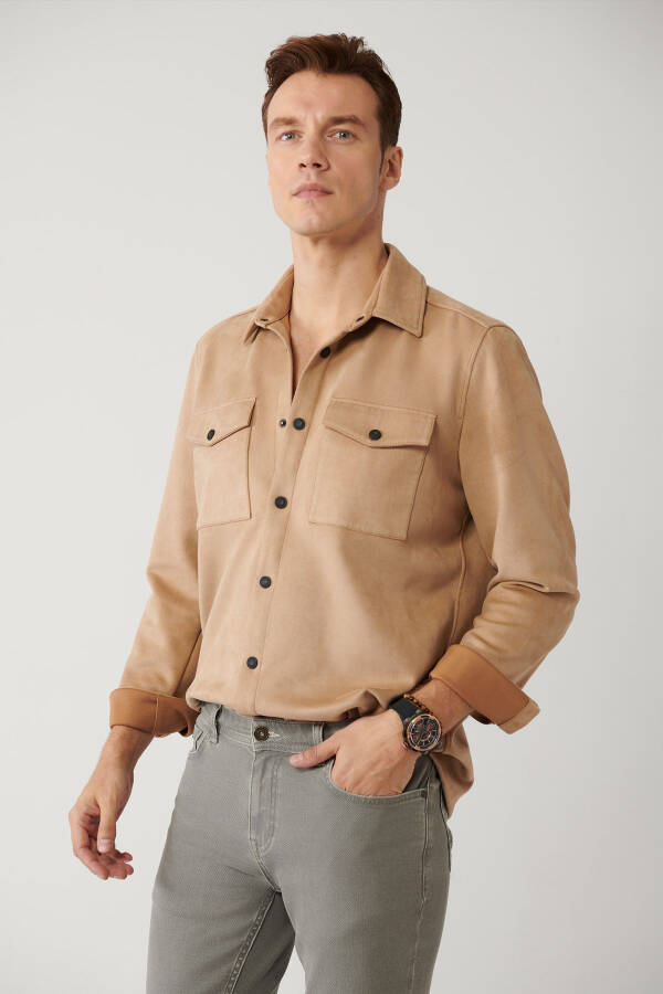 Men's Light Beige Shirt Jacket Classic Collar Suede Look Button Front Pocket Comfort Fit A41y6010 - 14