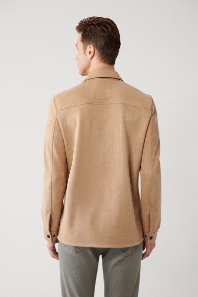 Men's Light Beige Shirt Jacket Classic Collar Suede Look Button Front Pocket Comfort Fit A41y6010 - 15