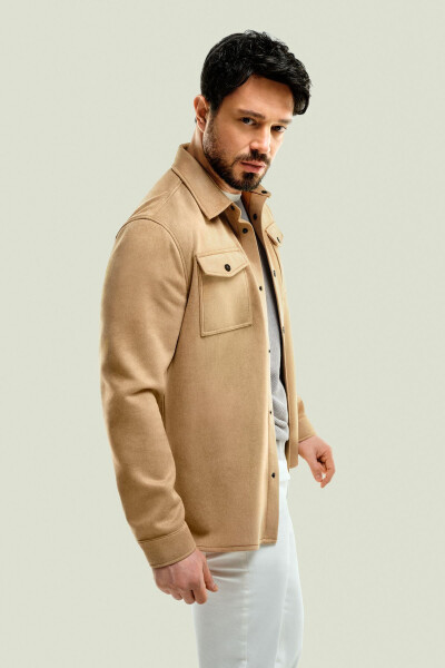 Men's Light Beige Shirt Jacket Classic Collar Suede Look Button Front Pocket Comfort Fit A41y6010 - 1