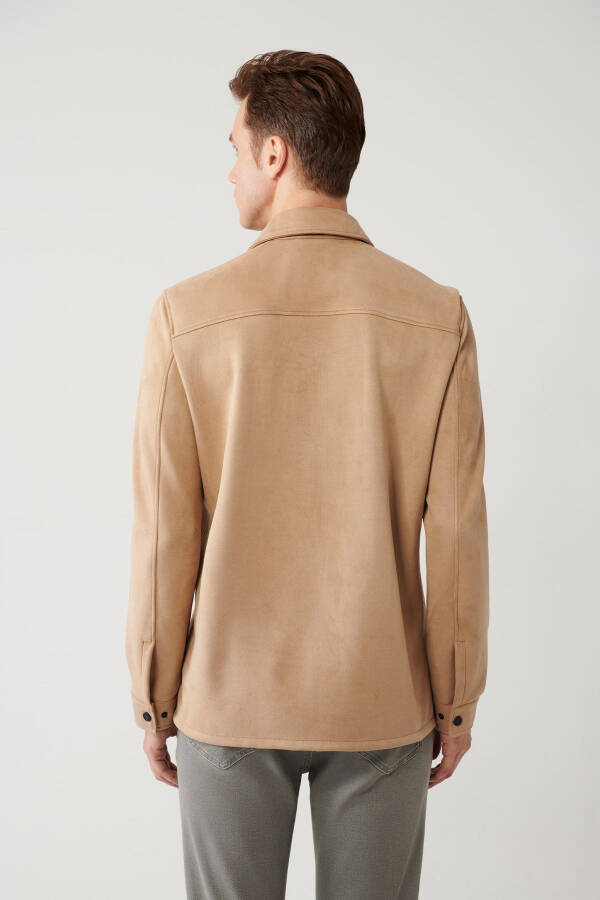 Men's Light Beige Shirt Jacket Classic Collar Suede Look Button Front Pocket Comfort Fit A41y6010 - 7