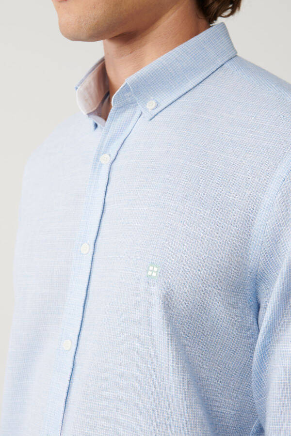 Men's Light Blue Button-Down Collar Cotton Textured Regular Fit Shirt A41y2130 - 8