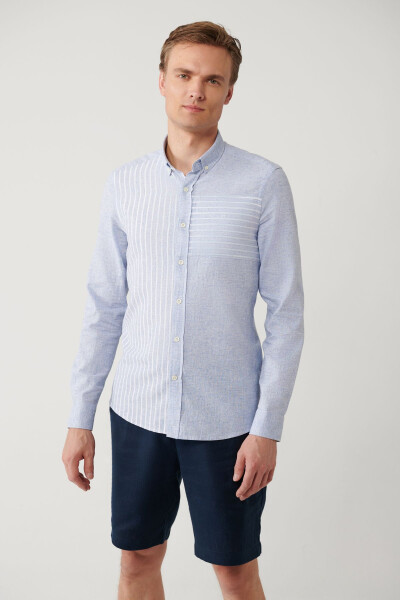 Men's Light Blue Button-Down Collar Striped Trim Linen Blend Regular Fit Shirt A41y2066 - 6