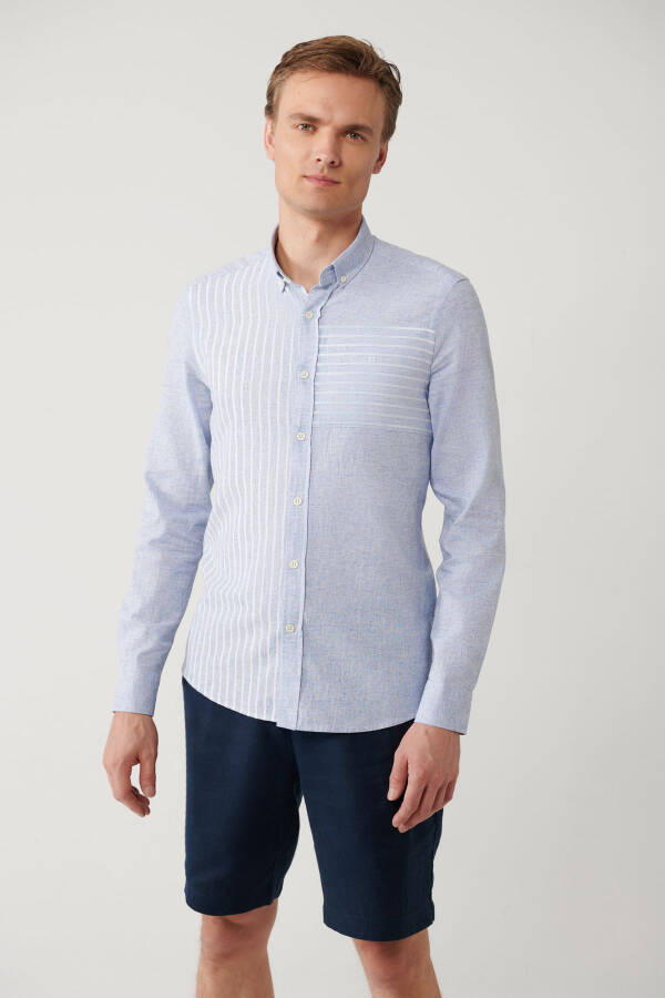 Men's Light Blue Button-Down Collar Striped Trim Linen Blend Regular Fit Shirt A41y2066 - 1