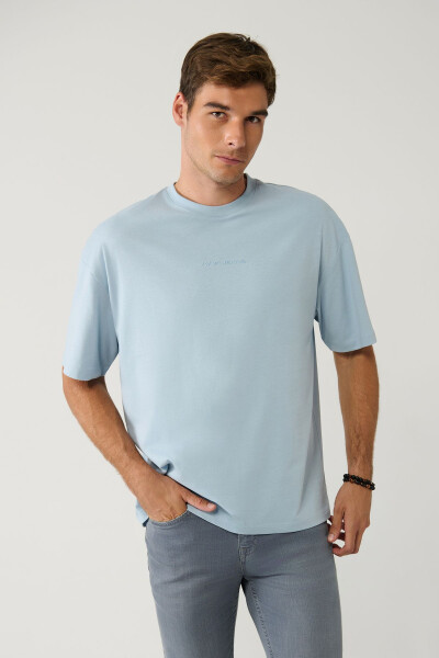 Men's Light Blue T-shirt Polo Collar Printed Cotton Oversize E001037 - 8