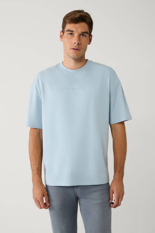 Men's Light Blue T-shirt Polo Collar Printed Cotton Oversize E001037 - 10