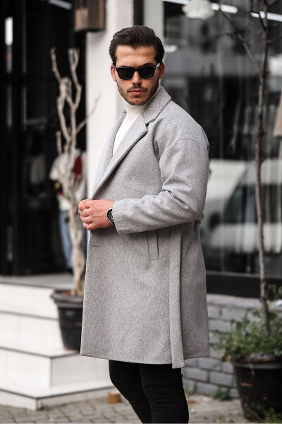 Men's Light Grey Belted Oversized Relaxed Fit Cashmere Coat - 4