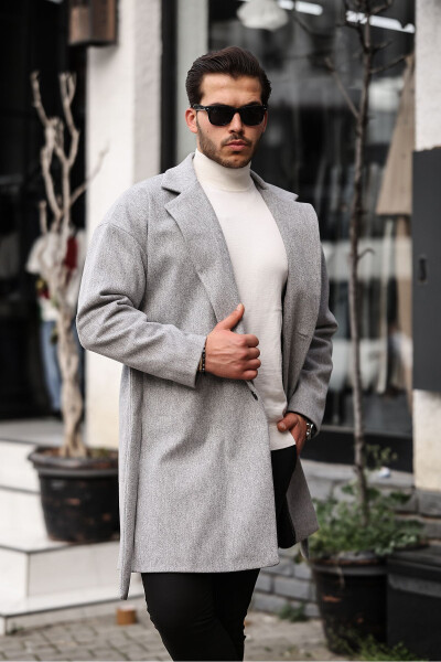 Men's Light Grey Belted Oversized Relaxed Fit Cashmere Coat - 5