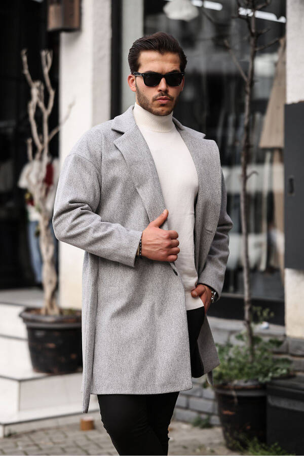 Men's Light Grey Belted Oversized Relaxed Fit Cashmere Coat - 5