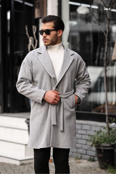 Men's Light Grey Belted Oversized Relaxed Fit Cashmere Coat - 6