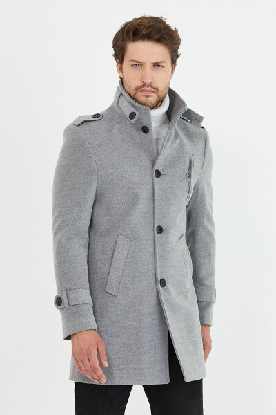 Men's Light Grey Slim Fit Notch Lapel Long Wool Blend Cashmere Coat - 4