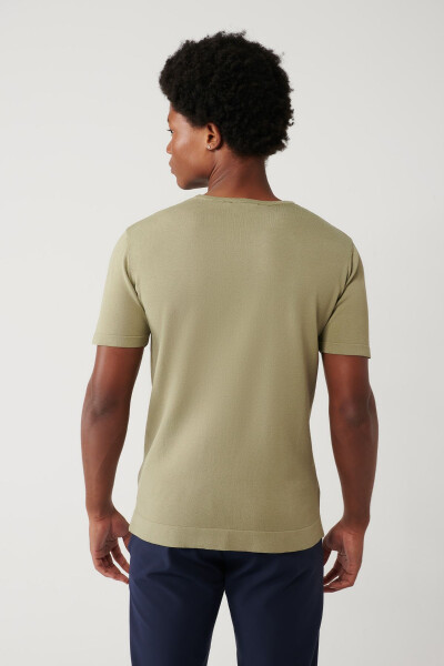 Men's Light Khaki Knit T-shirt Crew Neck Rayon Textured Regular Fit A41y5099 - 9