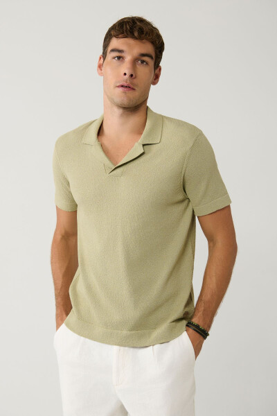 Men's Light Khaki Knit T-shirt with Apaj Collar Textured Regular Fit A41y5066 - 8