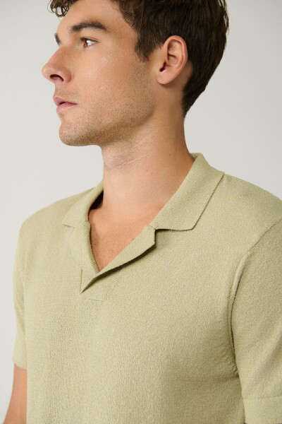 Men's Light Khaki Knit T-shirt with Apaj Collar Textured Regular Fit A41y5066 - 9