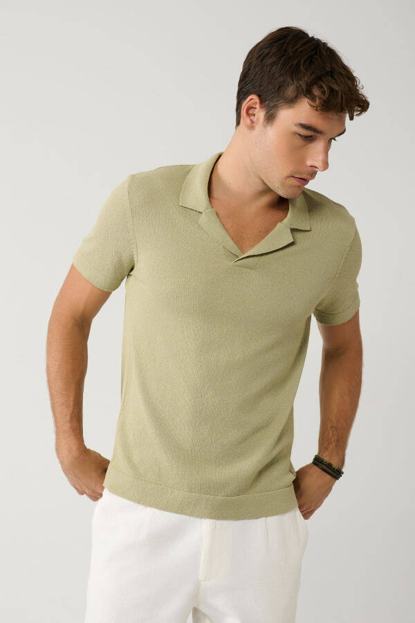 Men's Light Khaki Knit T-shirt with Apaj Collar Textured Regular Fit A41y5066 - 10