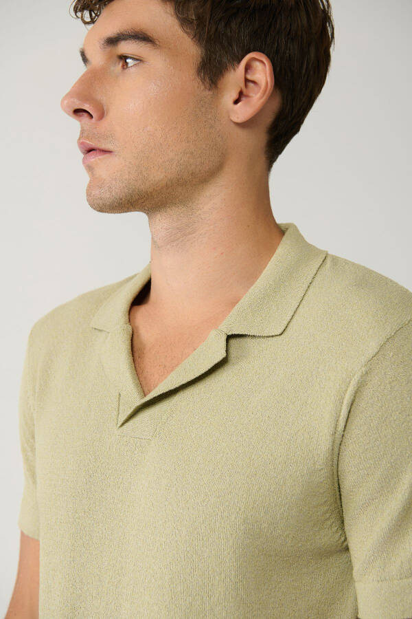 Men's Light Khaki Knit T-shirt with Apaj Collar Textured Regular Fit A41y5066 - 3