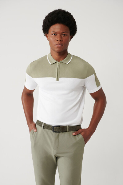 Men's Light Khaki Polo Neck Knit T-shirt - 1