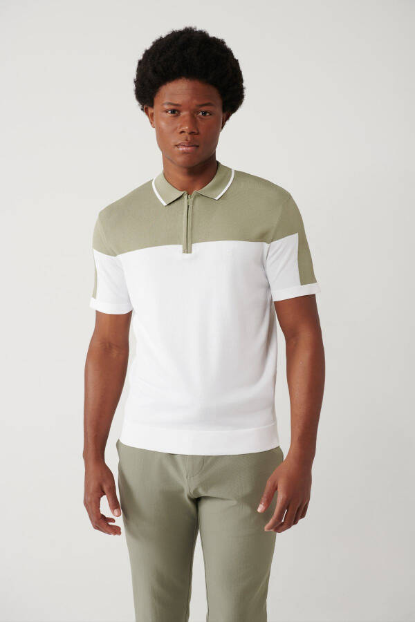 Men's Light Khaki Polo Neck Knit T-shirt - 3