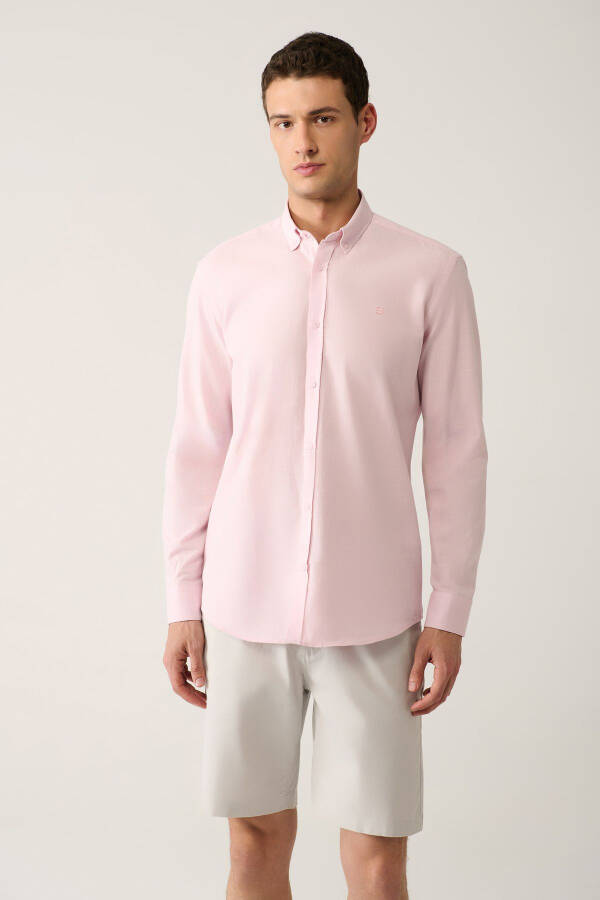 Men's Light Pink Button-Down Collar Comfort Fit 100% Cotton Linen Textured Shirt E002141 - 7