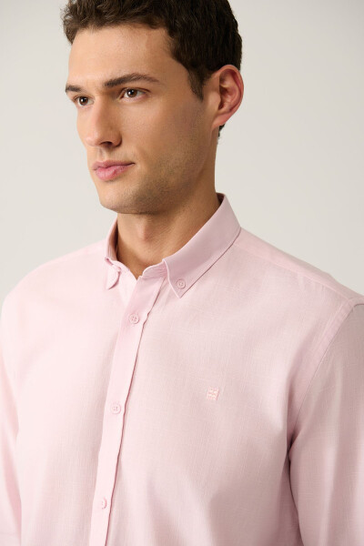 Men's Light Pink Button-Down Collar Comfort Fit 100% Cotton Linen Textured Shirt E002141 - 8