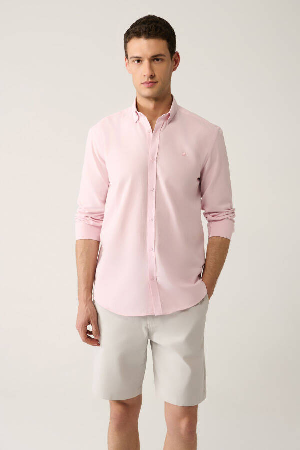 Men's Light Pink Button-Down Collar Comfort Fit 100% Cotton Linen Textured Shirt E002141 - 9