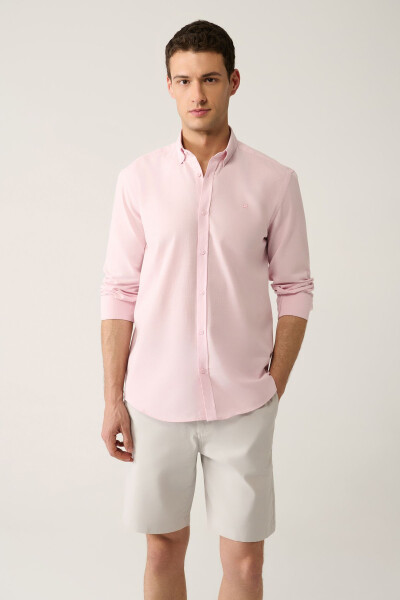 Men's Light Pink Button-Down Collar Comfort Fit 100% Cotton Linen Textured Shirt E002141 - 3