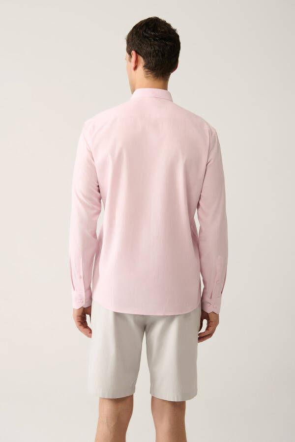 Men's Light Pink Button-Down Collar Comfort Fit 100% Cotton Linen Textured Shirt E002141 - 4